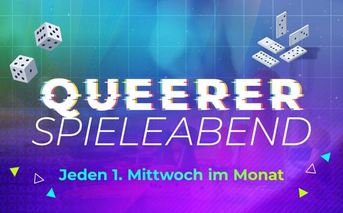 The poster of Queerer Speilabend, with dices and domino Teils