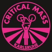 Logo of the Citical Mass Karlsruhe, with a person wearing a dress and lifting up a bike