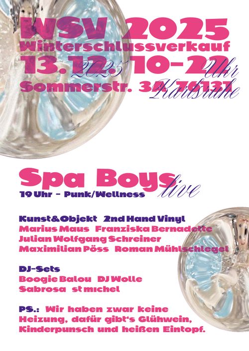 WSV 2025 – Winterschlussverkauf
13.12.2025
10-22 Uhr
Sommerstr. 3a, 76131 Karlsruhe