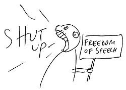 A person holding a sign that says “freedom of speech” shouts “shut up!”